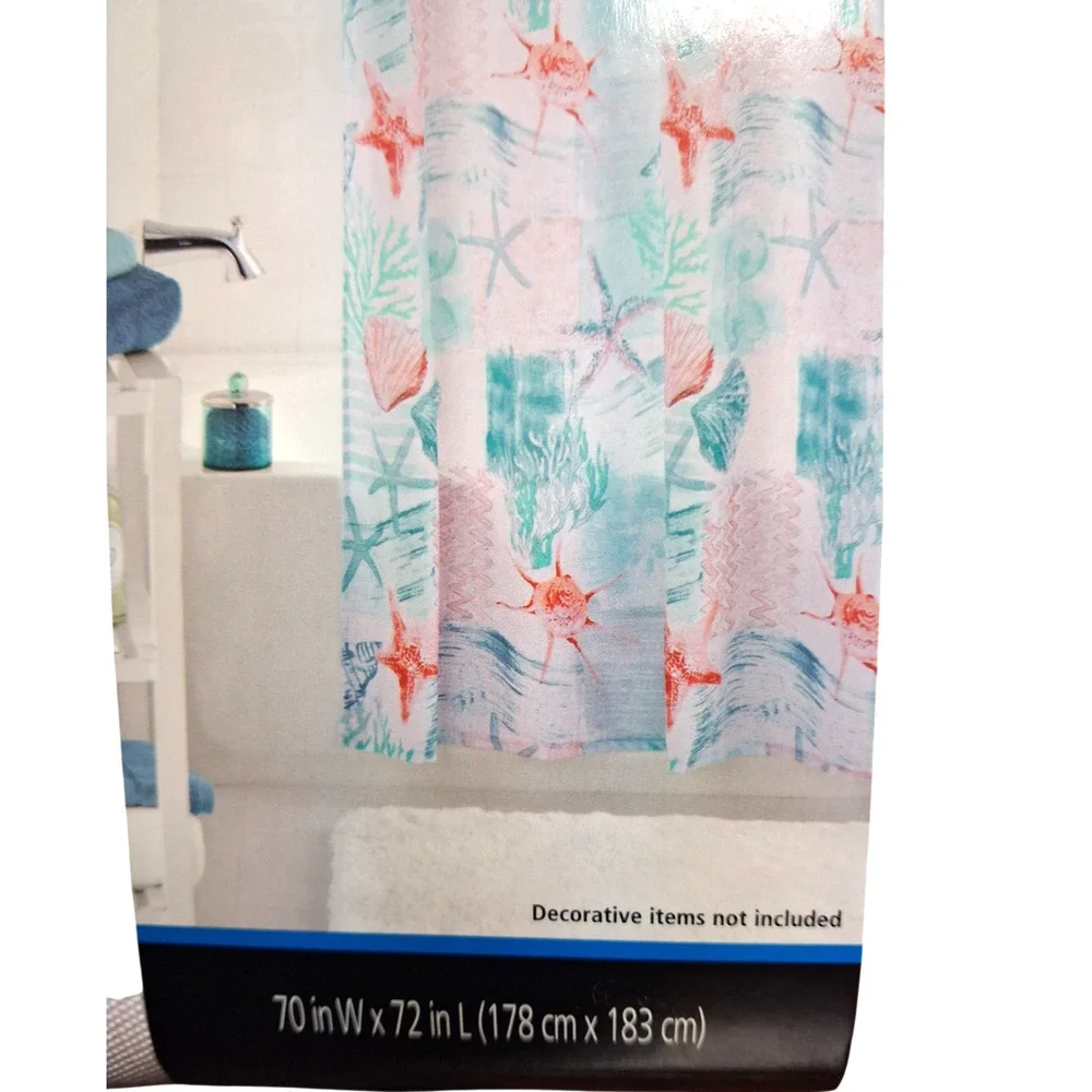 Mainstays Coastal Fabric Shower Curtain 70 x 72 Seashell Starfish Polyester New